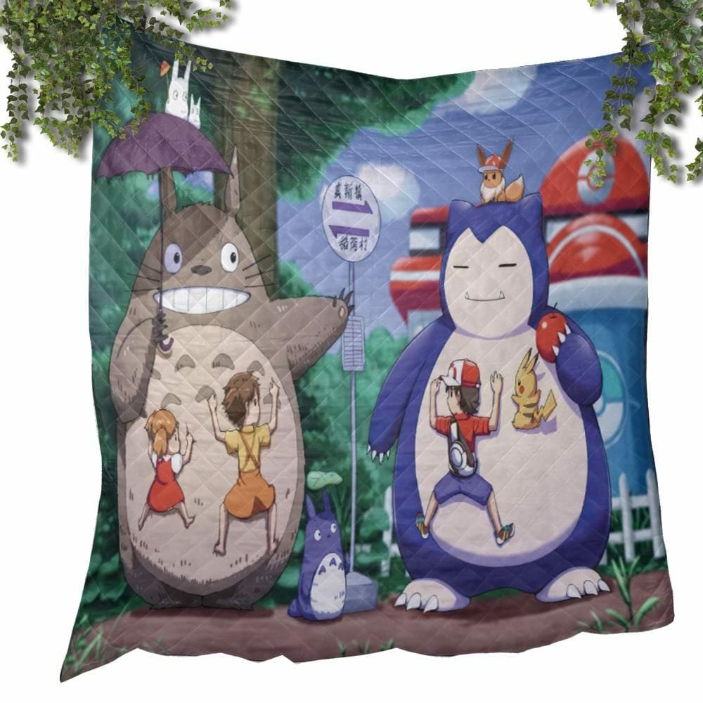 Blankets | Totoro And Snorlax At The Bus Stop Quilt Blanket Blankets Blankets